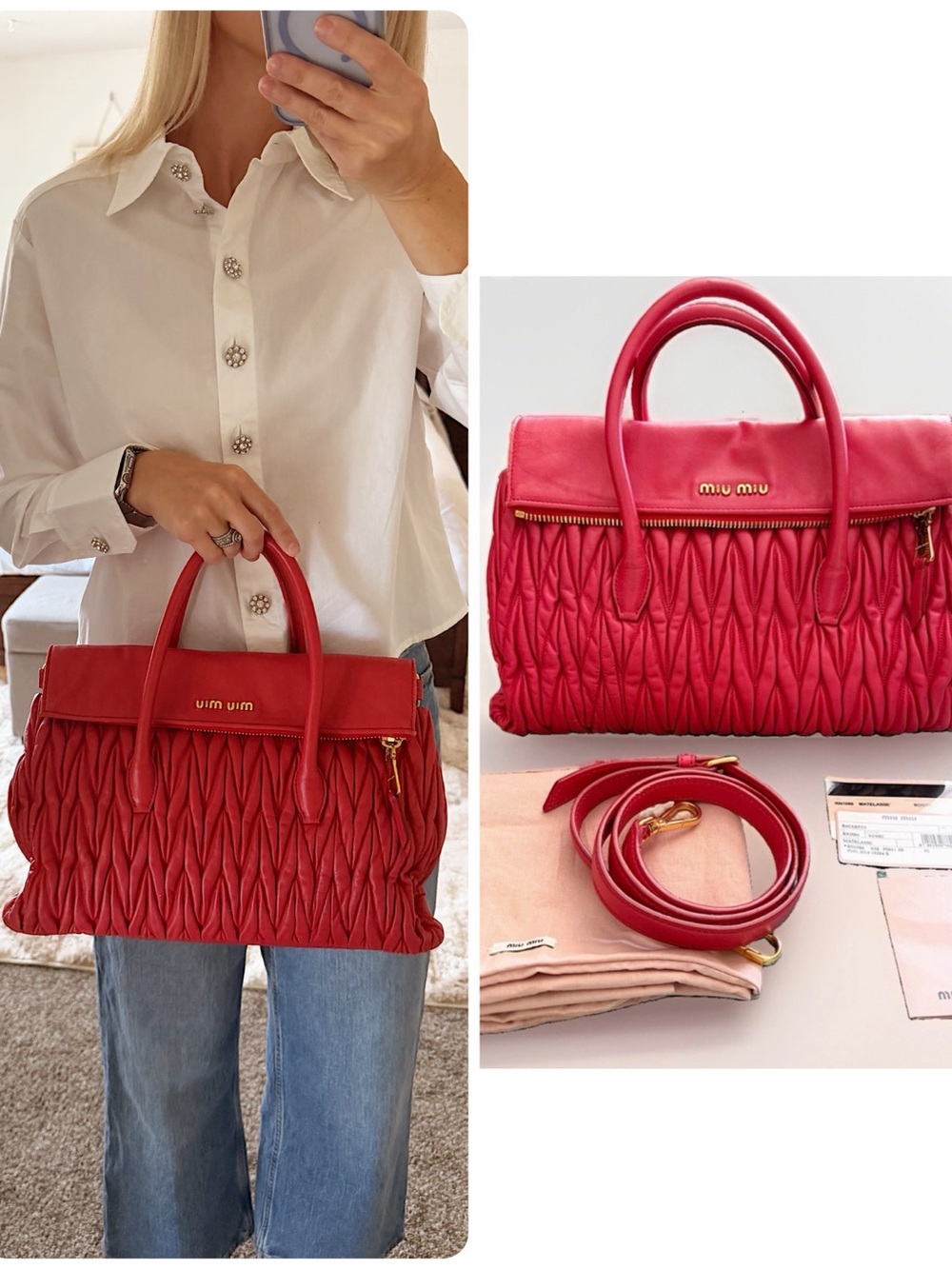 Miu Miu red nappa leather joie matelasse satchel crossbody red bag